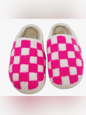 Katydid White and Hot Pink Checkered Fleece Slippers